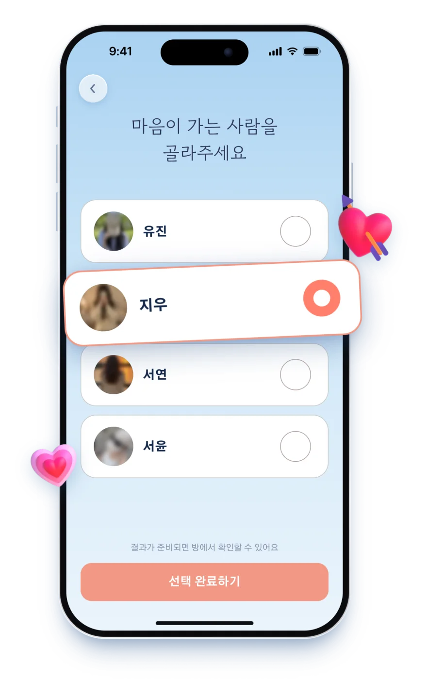 Final choice screen with a list of pseudonyms and blurred profile photos to choose from.